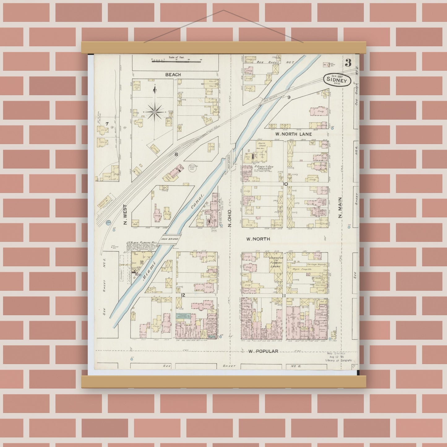 Old map wall art mockup — magnetic wood frame on brick wall — Sanborn Fire Insurance Map from Sidney, Shelby County, Ohio (1887), Sheet #0003
