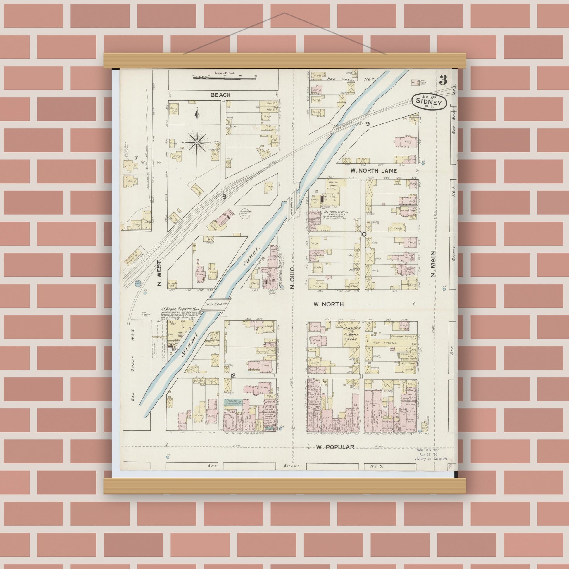 Old map wall art mockup — magnetic wood frame on brick wall — Sanborn Fire Insurance Map from Sidney, Shelby County, Ohio (1887), Sheet #0003