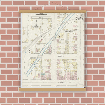 Old map wall art mockup — magnetic wood frame on brick wall — Sanborn Fire Insurance Map from Sidney, Shelby County, Ohio (1887), Sheet #0003