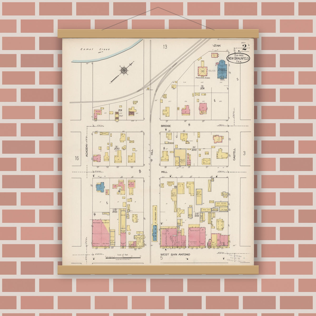 Old map wall art mockup — magnetic wood frame on brick wall — Sanborn Fire Insurance Map from New Braunfels, Comal County, Texas (1922), Sheet #0002