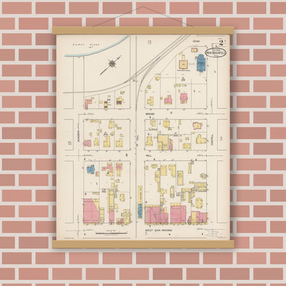 Old map wall art mockup — magnetic wood frame on brick wall — Sanborn Fire Insurance Map from New Braunfels, Comal County, Texas (1922), Sheet #0002
