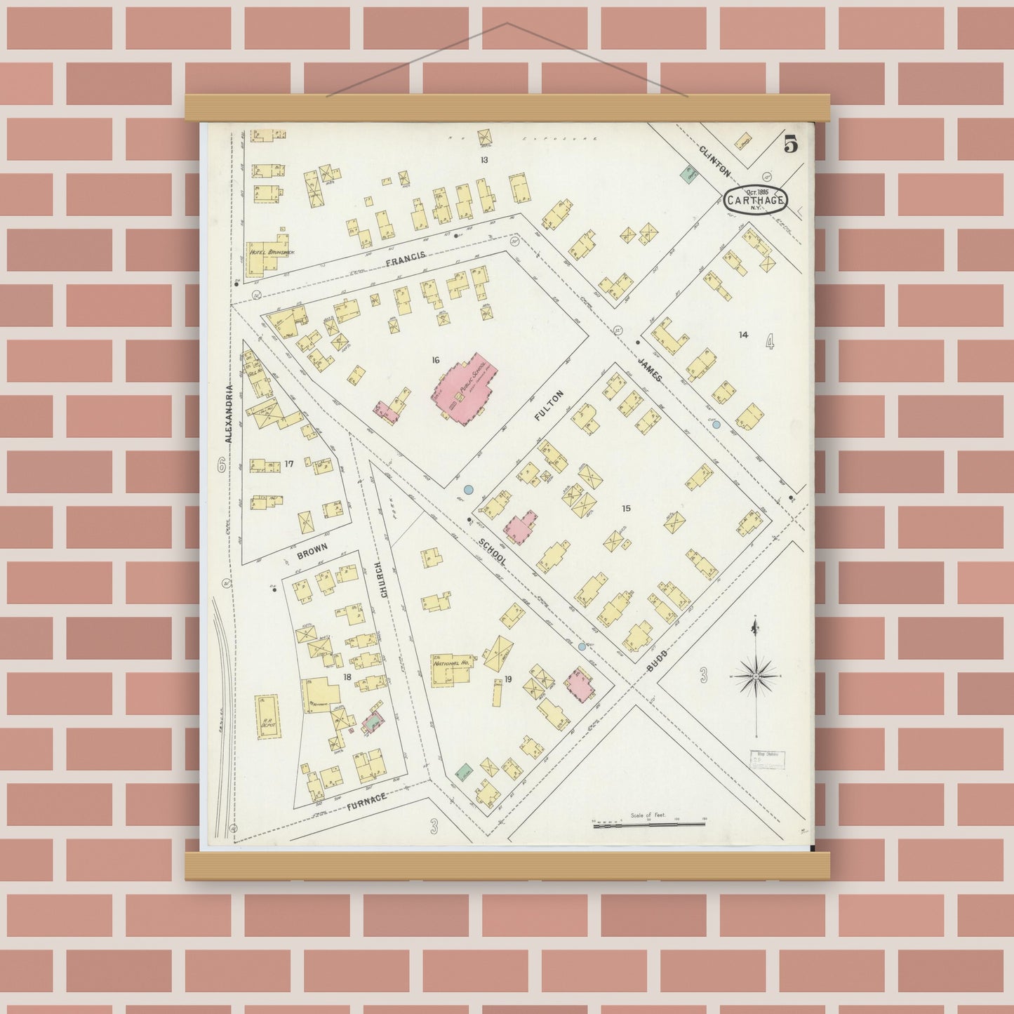 Old map wall art mockup — magnetic wood frame on brick wall — Sanborn Fire Insurance Map from Carthage, Jefferson County, New York (1895), Sheet #0005