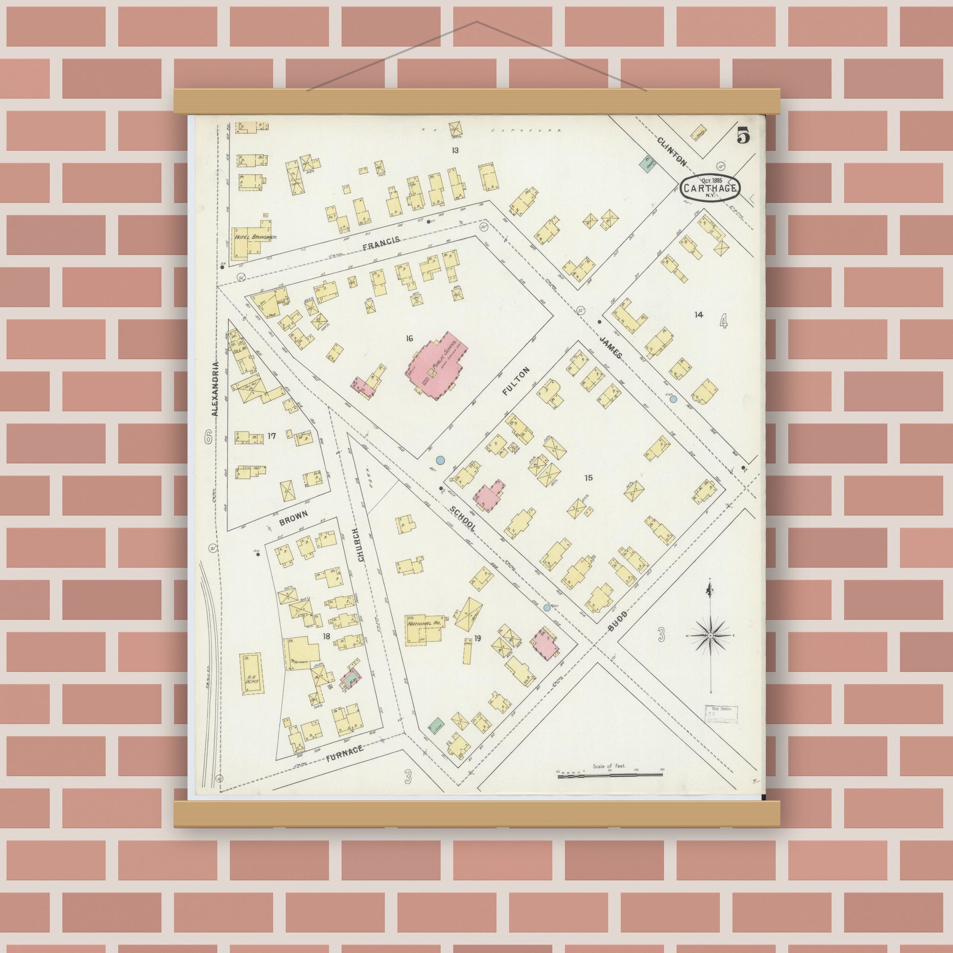 Old map wall art mockup — magnetic wood frame on brick wall — Sanborn Fire Insurance Map from Carthage, Jefferson County, New York (1895), Sheet #0005