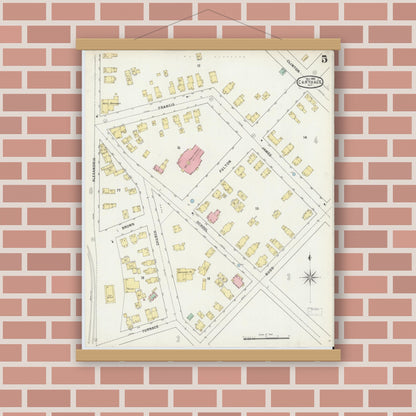 Old map wall art mockup — magnetic wood frame on brick wall — Sanborn Fire Insurance Map from Carthage, Jefferson County, New York (1895), Sheet #0005