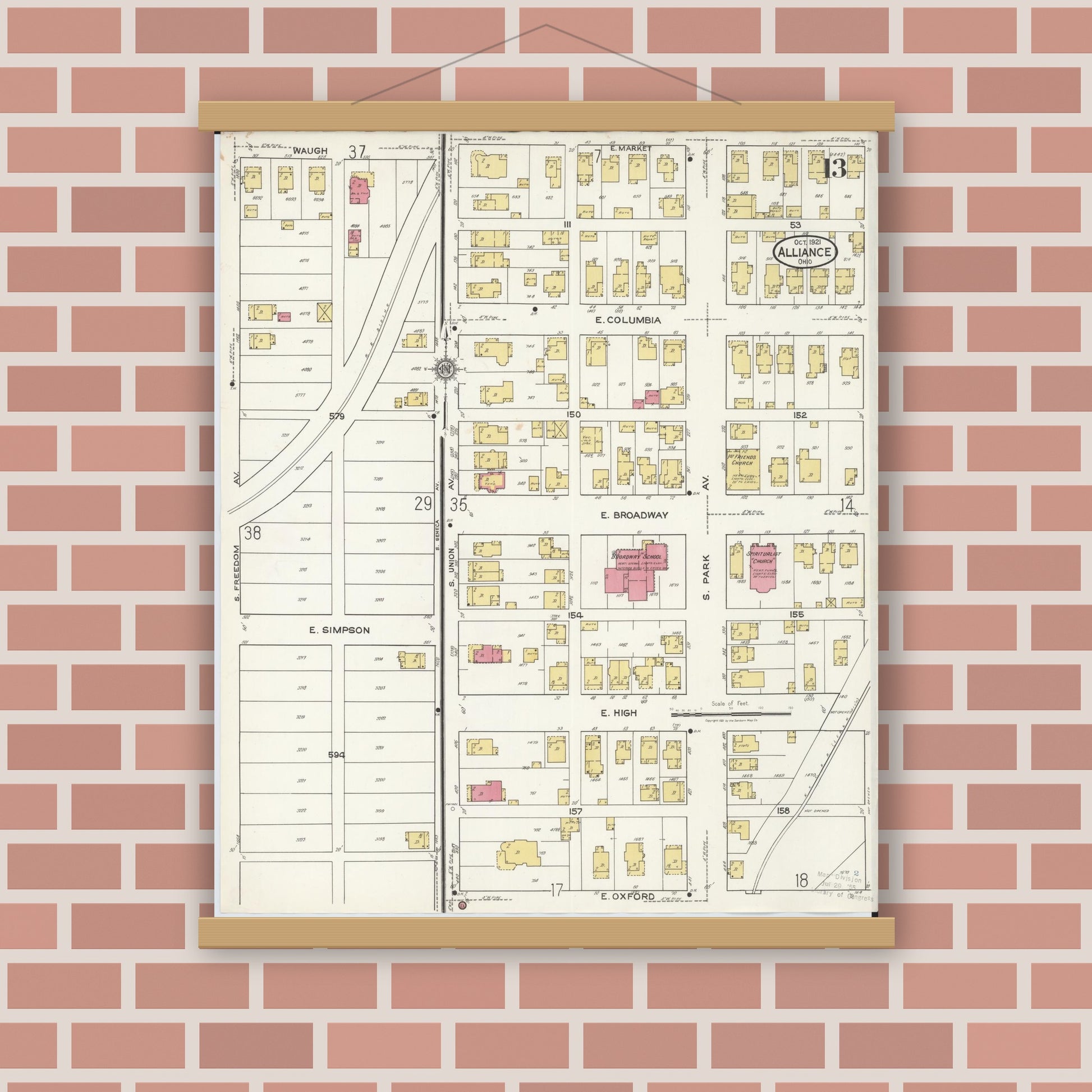 Old map wall art mockup — magnetic wood frame on brick wall — Sanborn Fire Insurance Map from Alliance, Stark County, Ohio (1921), Sheet #0013