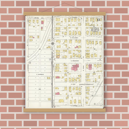 Old map wall art mockup — magnetic wood frame on brick wall — Sanborn Fire Insurance Map from Alliance, Stark County, Ohio (1921), Sheet #0013