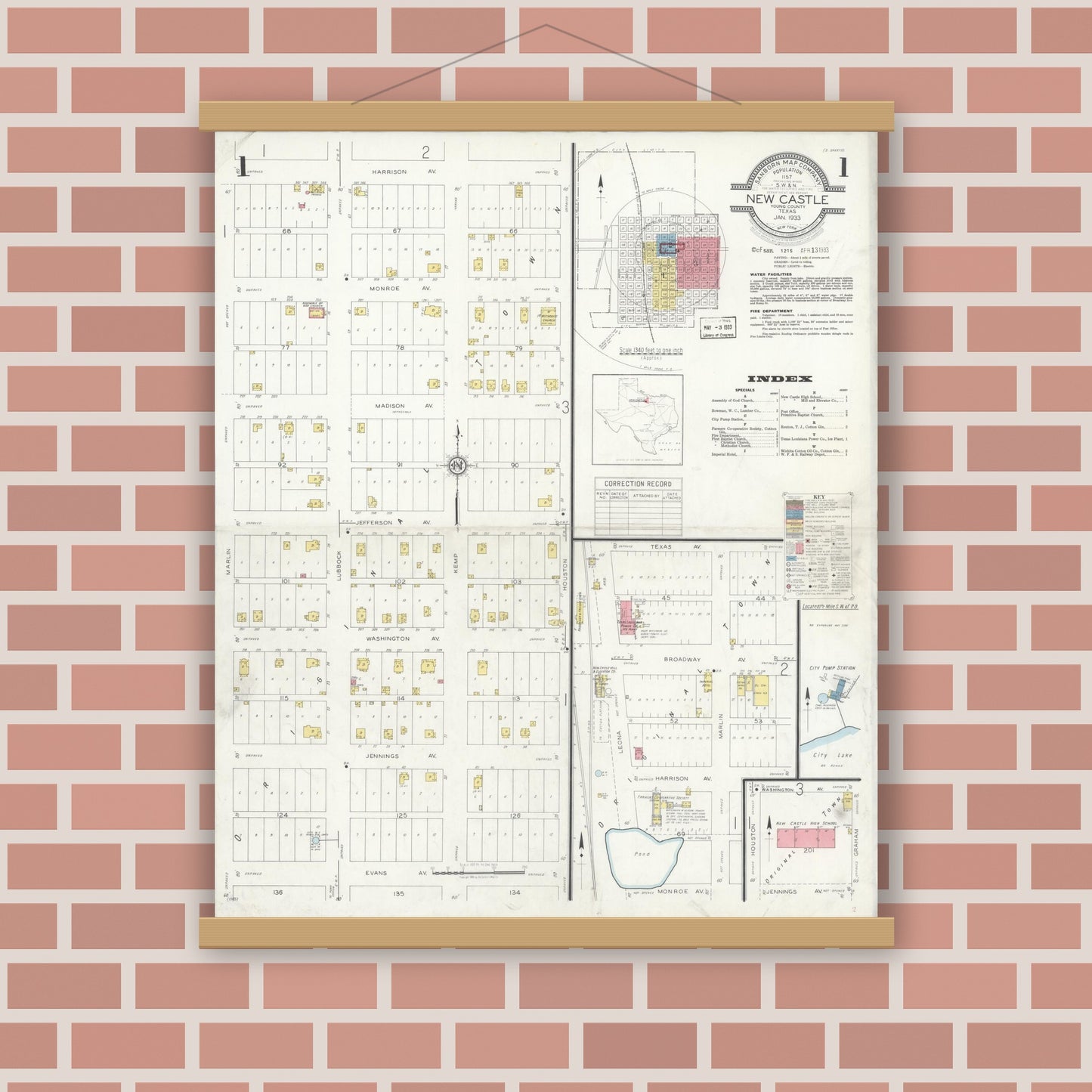 Old map wall art mockup — magnetic wood frame on brick wall — Sanborn Fire Insurance Map from Newcastle, Young County, Texas (1933), Sheet #0001
