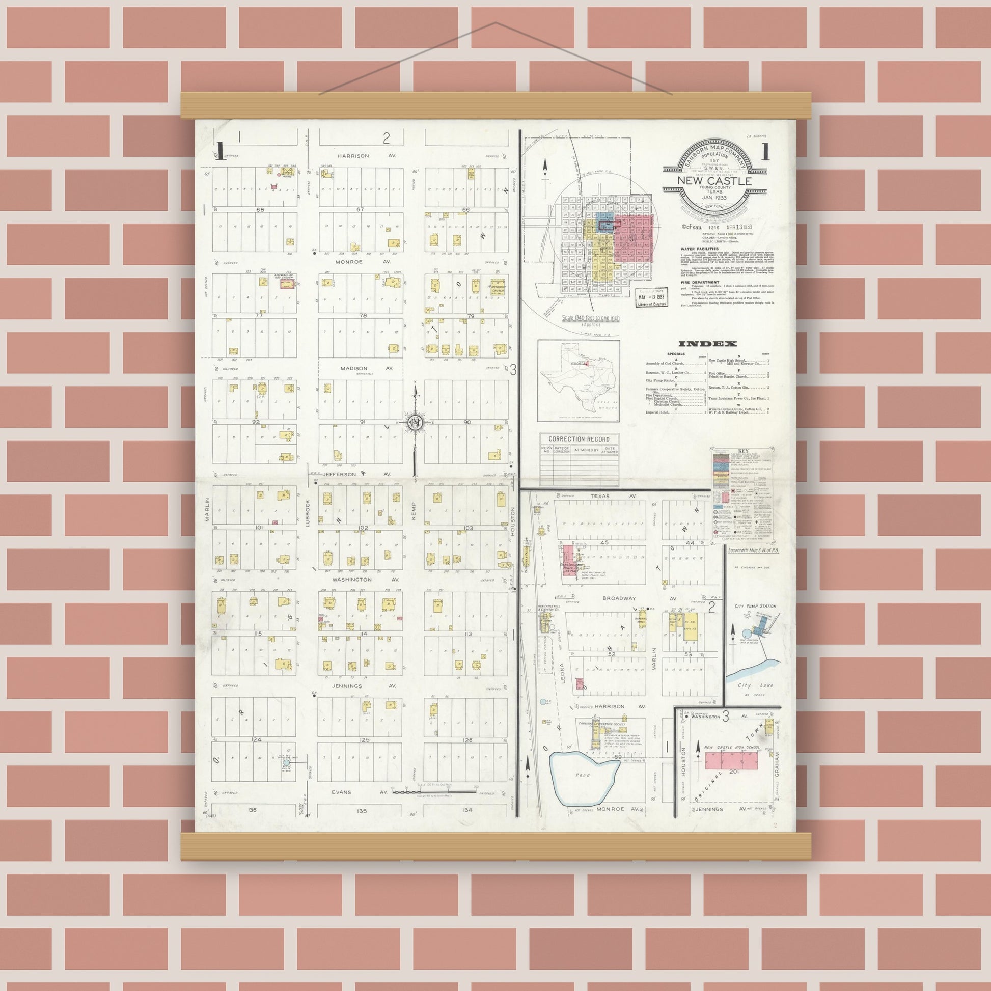 Old map wall art mockup — magnetic wood frame on brick wall — Sanborn Fire Insurance Map from Newcastle, Young County, Texas (1933), Sheet #0001