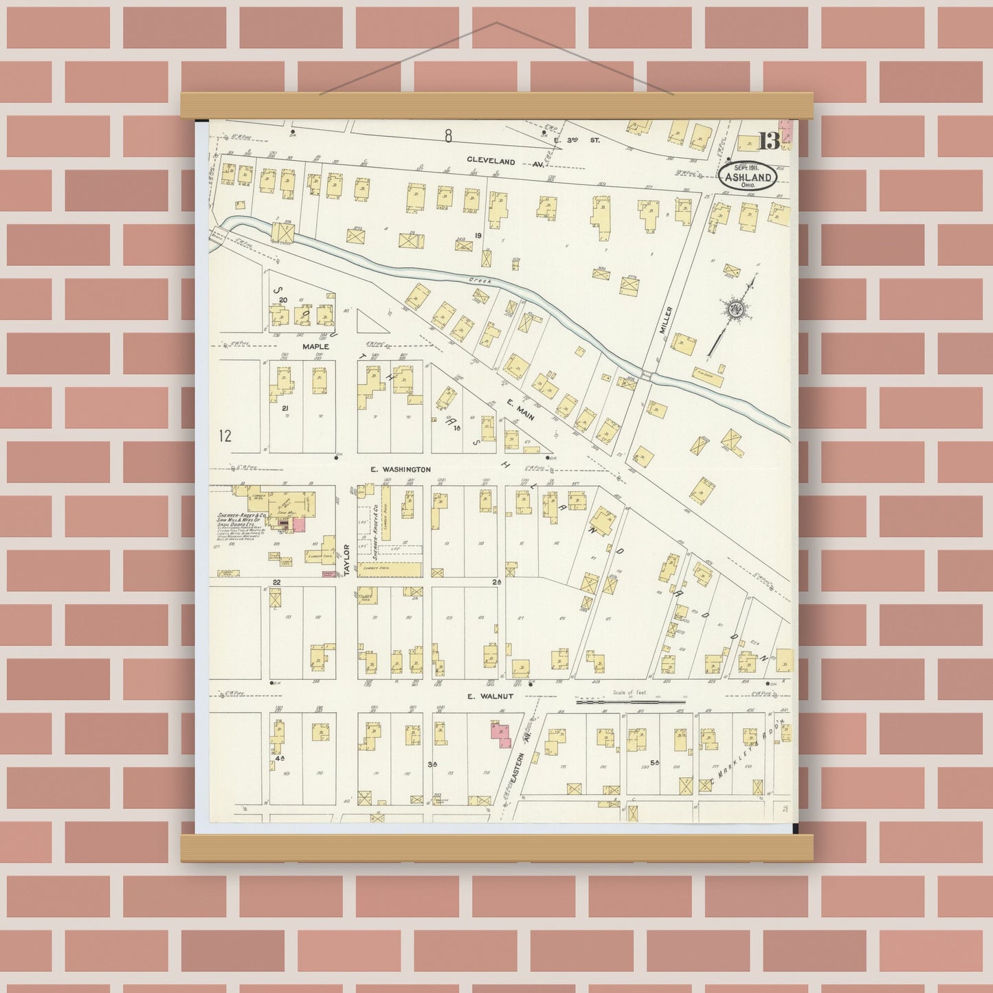 Old map wall art mockup — magnetic wood frame on brick wall — Sanborn Fire Insurance Map from Ashland, Ashland County, Ohio (1911), Sheet #0013