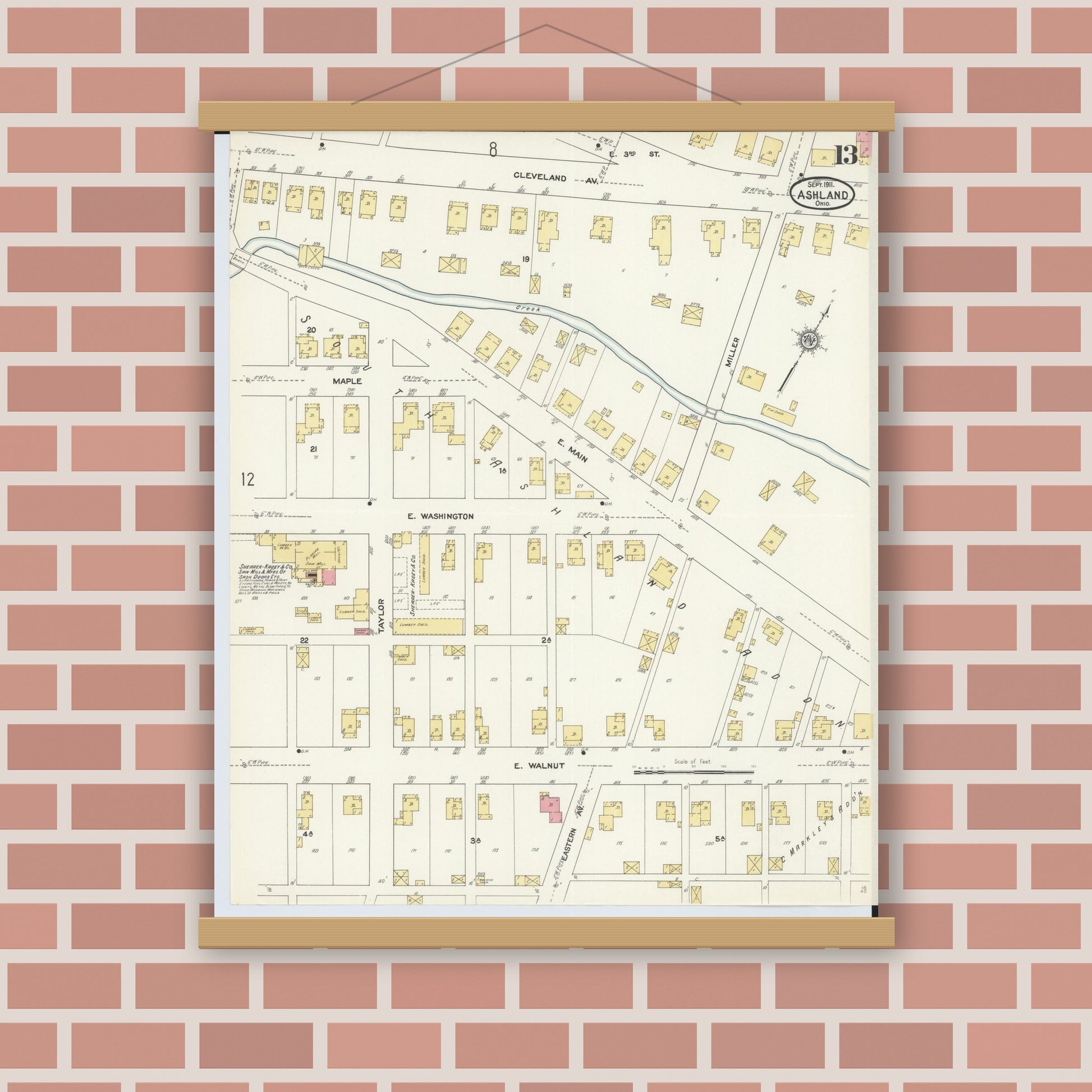 Old map wall art mockup — magnetic wood frame on brick wall — Sanborn Fire Insurance Map from Ashland, Ashland County, Ohio (1911), Sheet #0013