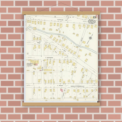 Old map wall art mockup — magnetic wood frame on brick wall — Sanborn Fire Insurance Map from Ashland, Ashland County, Ohio (1911), Sheet #0013
