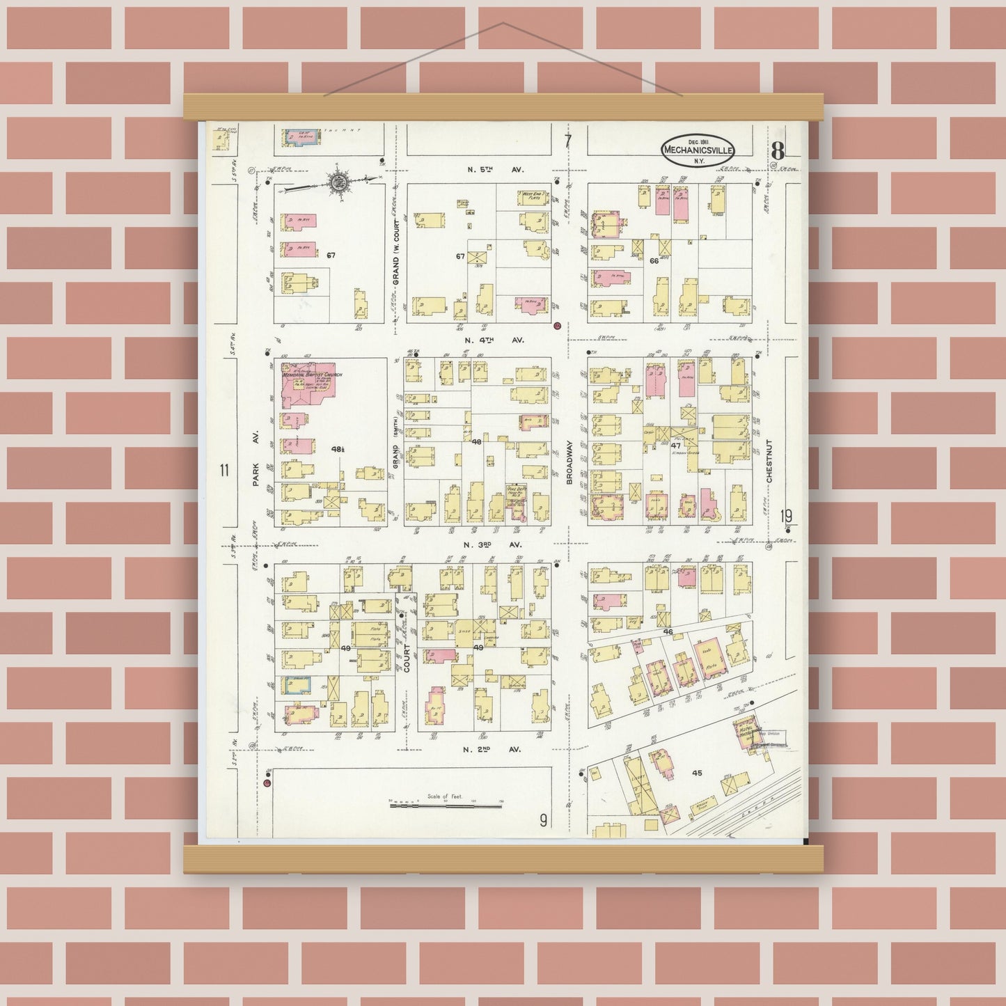 Old map wall art mockup — magnetic wood frame on brick wall — Sanborn Fire Insurance Map from Mechanicville, Saratoga County, New York (1911), Sheet #0008