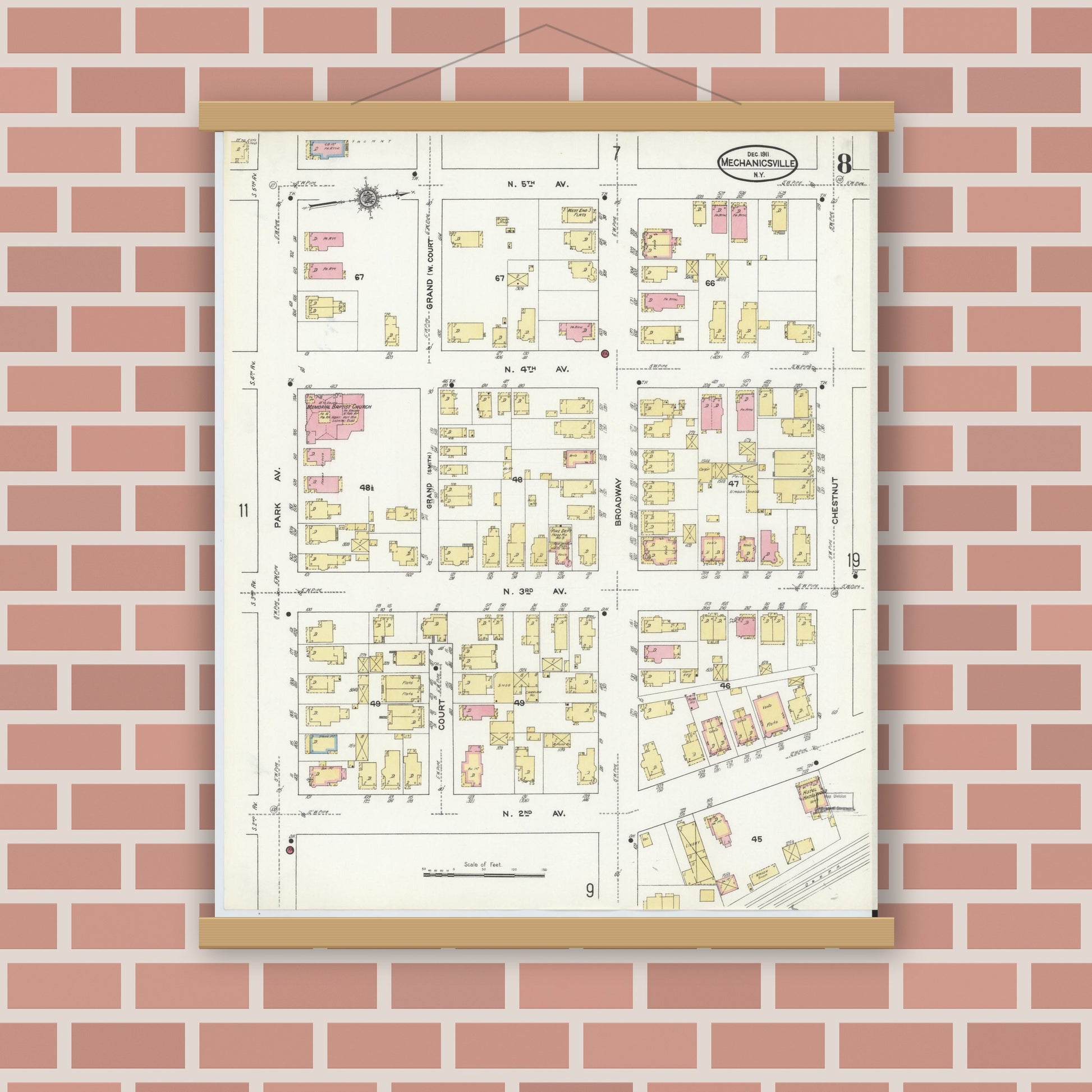 Old map wall art mockup — magnetic wood frame on brick wall — Sanborn Fire Insurance Map from Mechanicville, Saratoga County, New York (1911), Sheet #0008