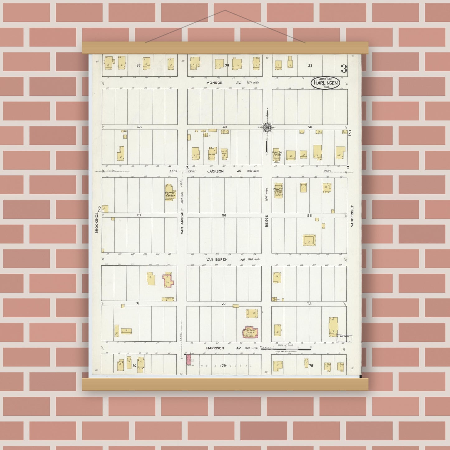Old map wall art mockup — magnetic wood frame on brick wall — Sanborn Fire Insurance Map from Harlingen, Cameron County, Texas (1919), Sheet #0003