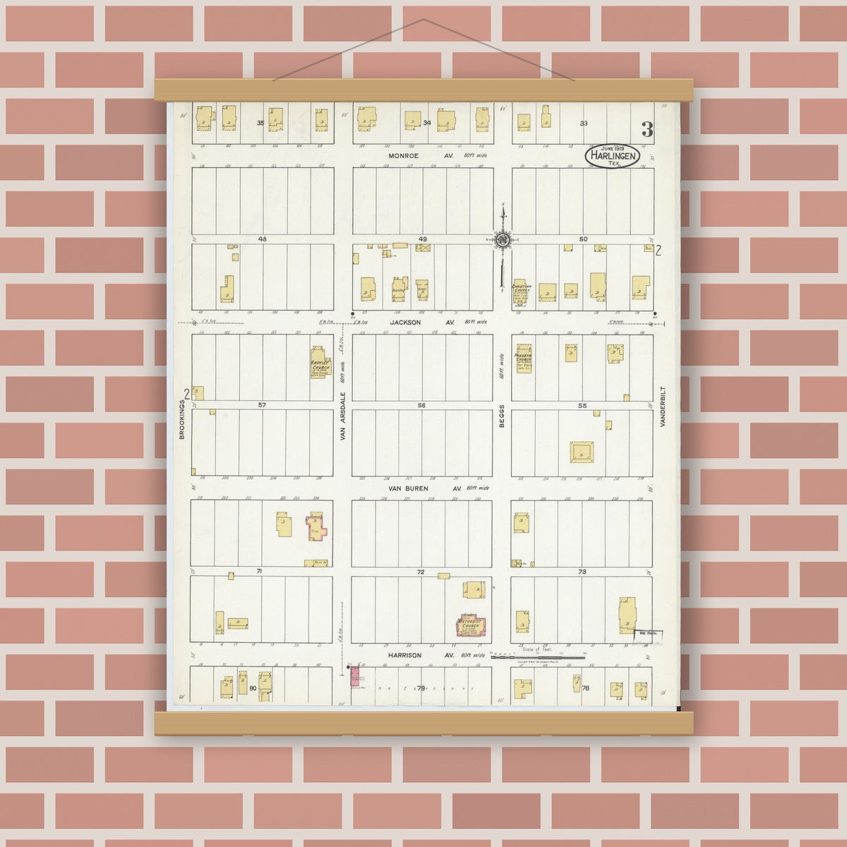 Old map wall art mockup — magnetic wood frame on brick wall — Sanborn Fire Insurance Map from Harlingen, Cameron County, Texas (1919), Sheet #0003