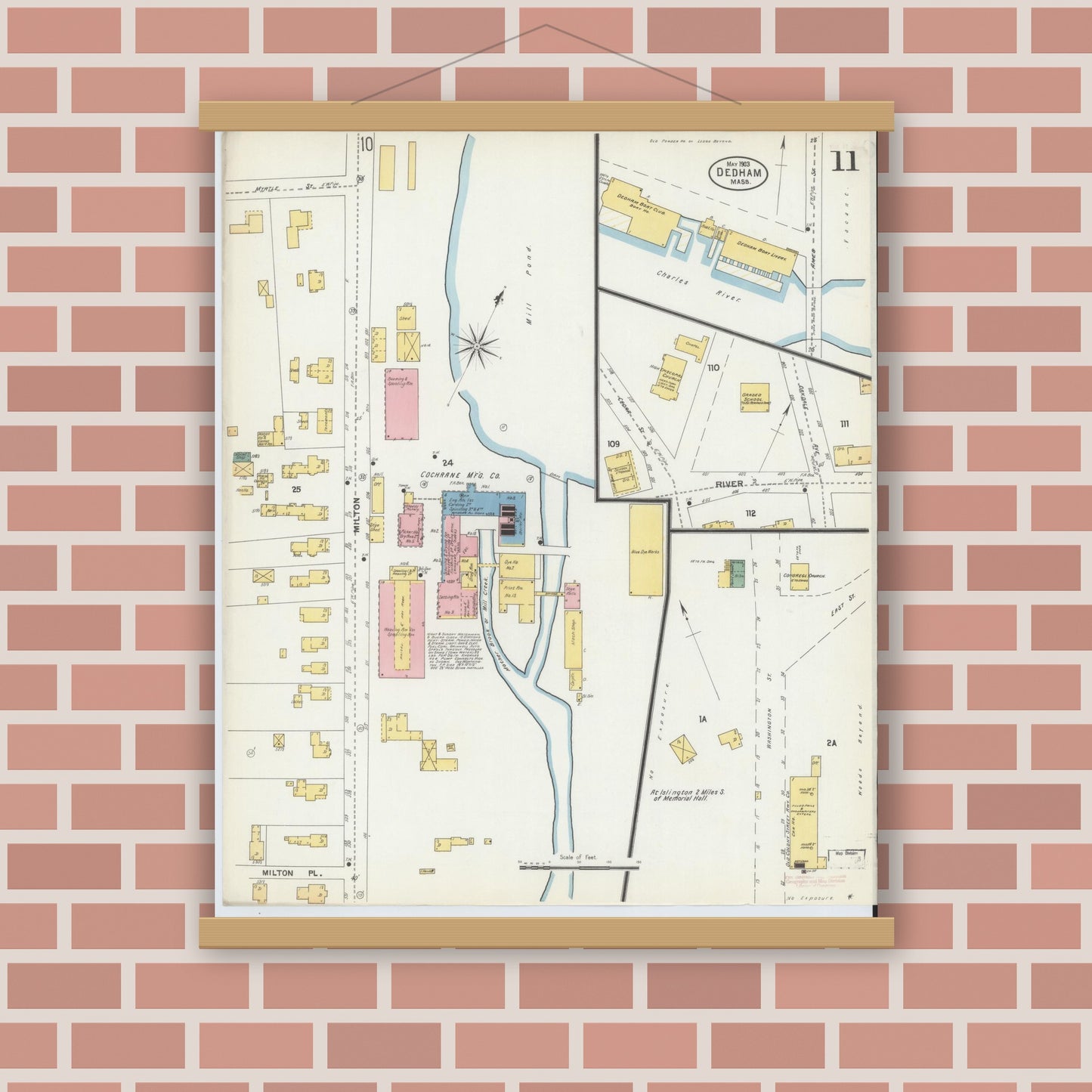 Old map wall art mockup — magnetic wood frame on brick wall — Sanborn Fire Insurance Map from Dedham, Norfolk County, Massachusetts (1903), Sheet #0011