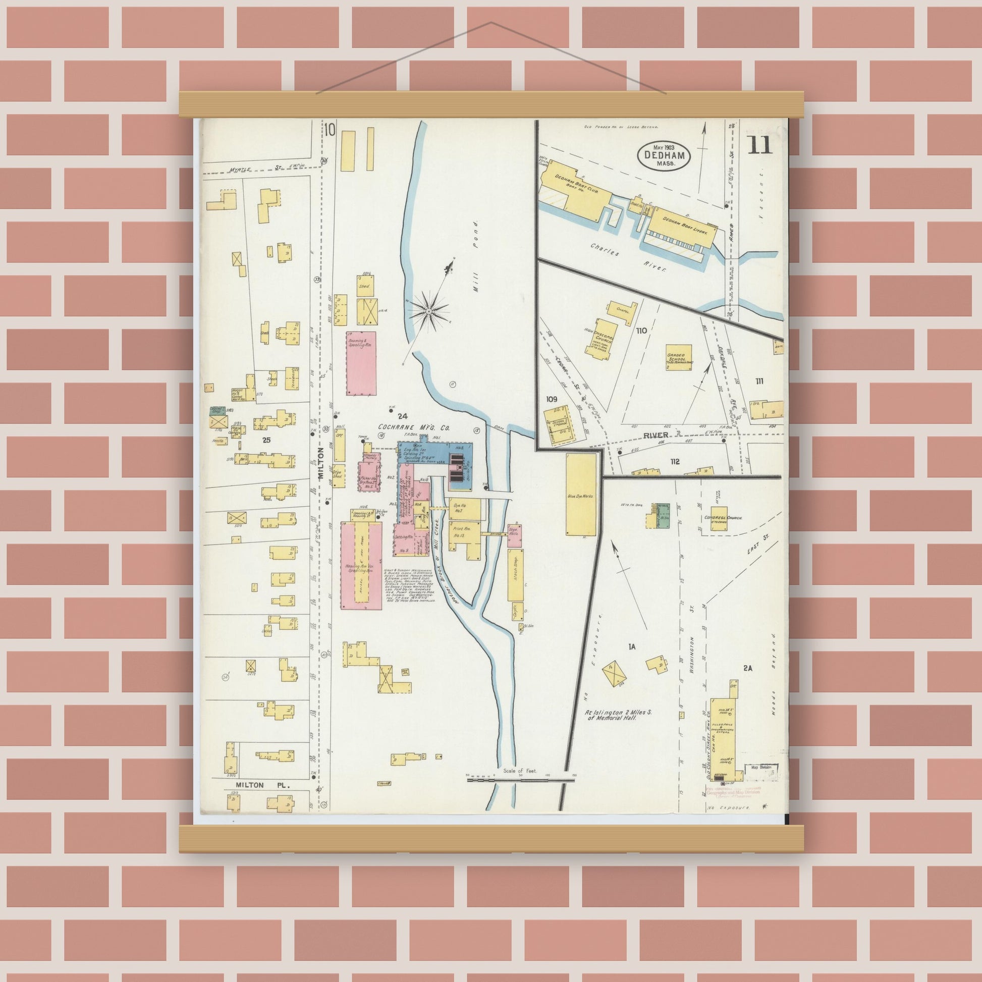 Old map wall art mockup — magnetic wood frame on brick wall — Sanborn Fire Insurance Map from Dedham, Norfolk County, Massachusetts (1903), Sheet #0011