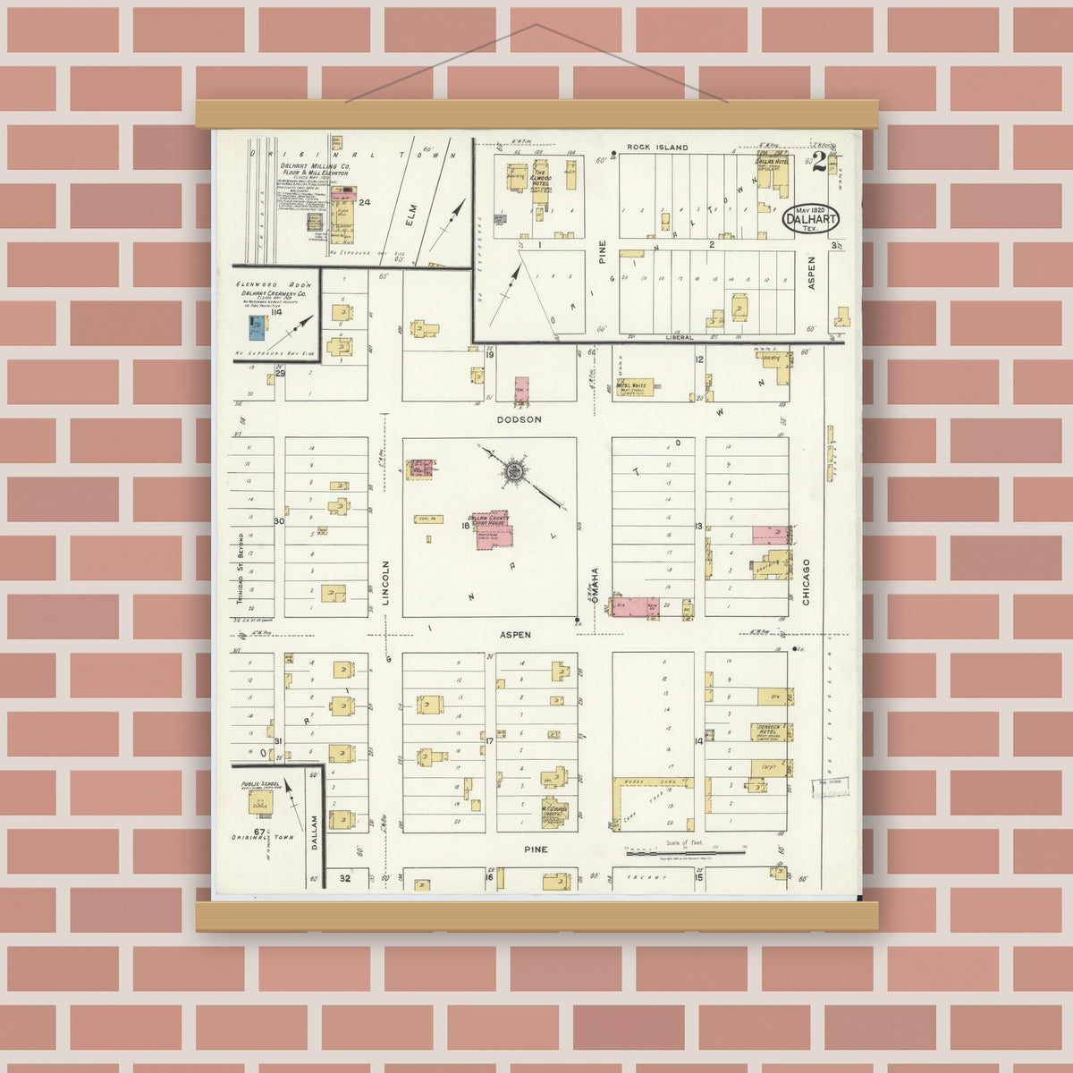 Old map wall art mockup — magnetic wood frame on brick wall — Sanborn Fire Insurance Map from Dalhart, Dallam And Hartley County, Texas (1920), Sheet #0002