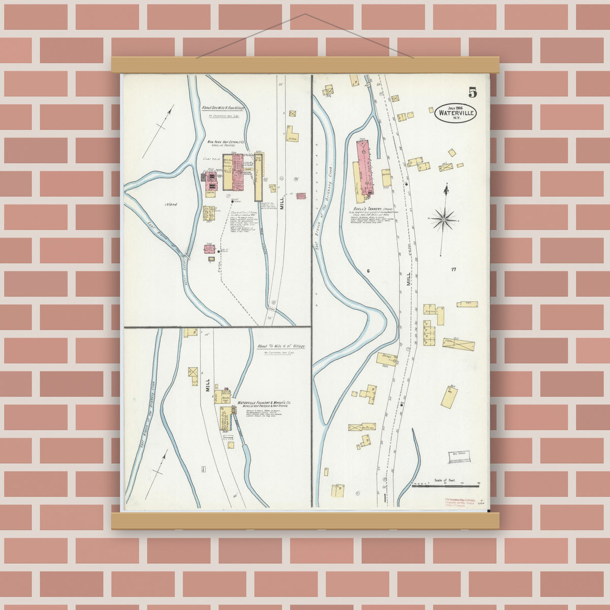 Old map wall art mockup — magnetic wood frame on brick wall — Sanborn Fire Insurance Map from Waterville, Oneida County, New York (1906), Sheet #0005
