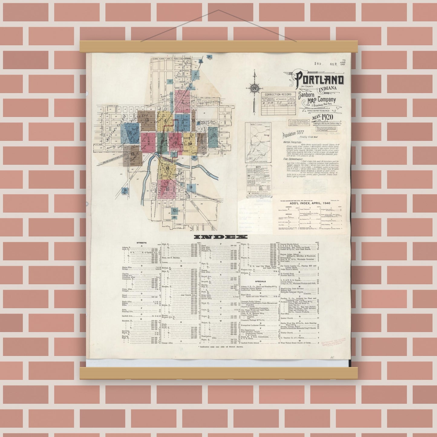 Old map wall art mockup — magnetic wood frame on brick wall — Sanborn Fire Insurance Map from Portland, Jay County, Indiana (1946) - Complete Map Set
