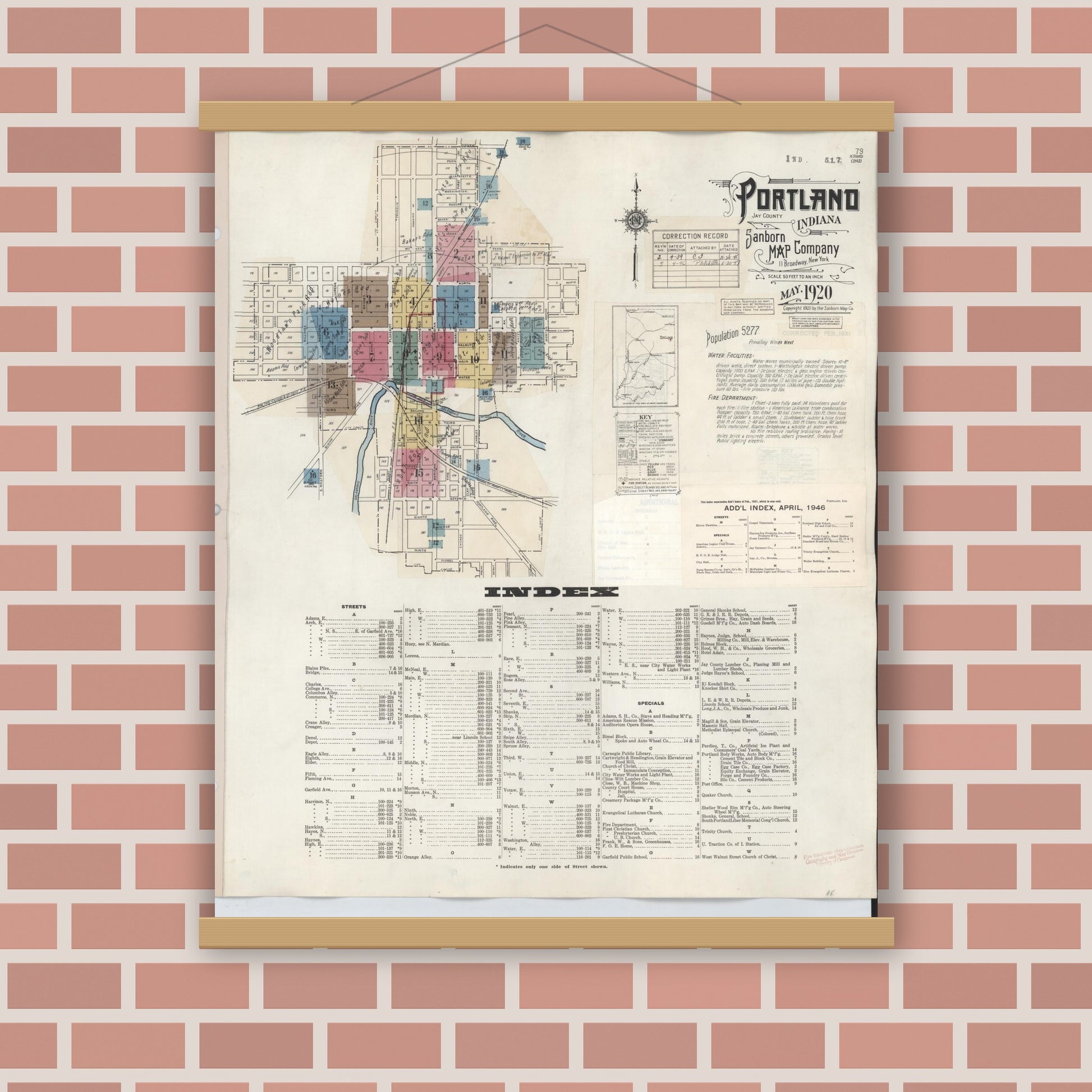 Old map wall art mockup — magnetic wood frame on brick wall — Sanborn Fire Insurance Map from Portland, Jay County, Indiana (1946) - Complete Map Set
