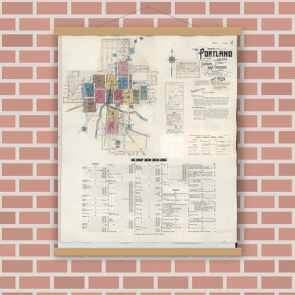 Old map wall art mockup — magnetic wood frame on brick wall — Sanborn Fire Insurance Map from Portland, Jay County, Indiana (1946) - Complete Map Set