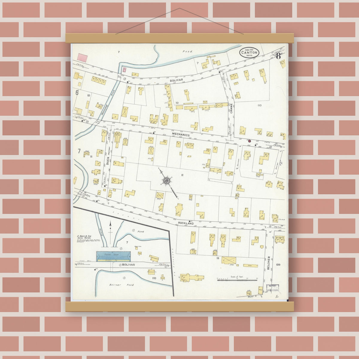 Old map wall art mockup — magnetic wood frame on brick wall — Sanborn Fire Insurance Map from Canton, Norfolk County, Massachusetts (1911), Sheet #0008