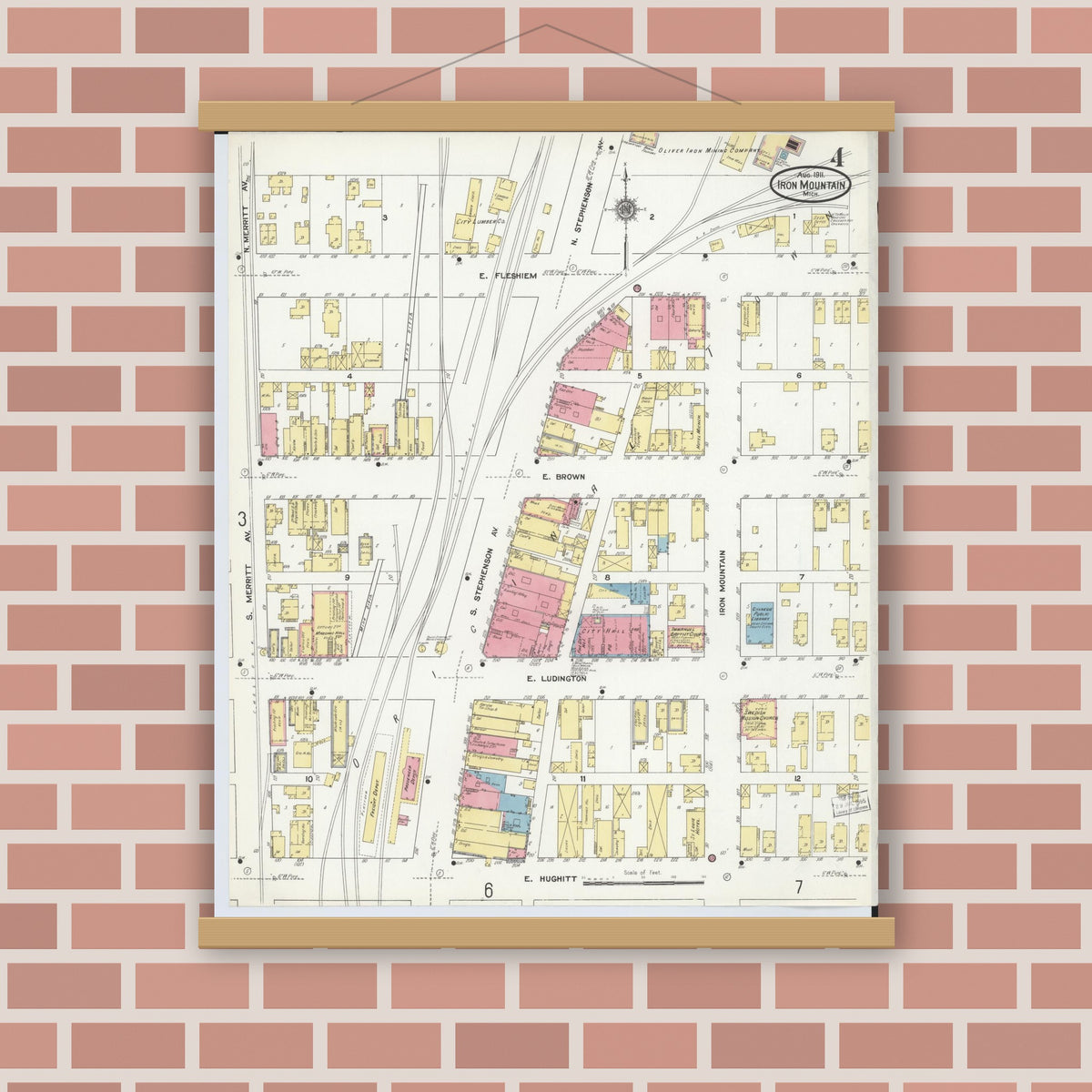 Old map wall art mockup — magnetic wood frame on brick wall — Sanborn Fire Insurance Map from Iron Mountain, Dickinson County, Michigan (1911), Sheet #0004