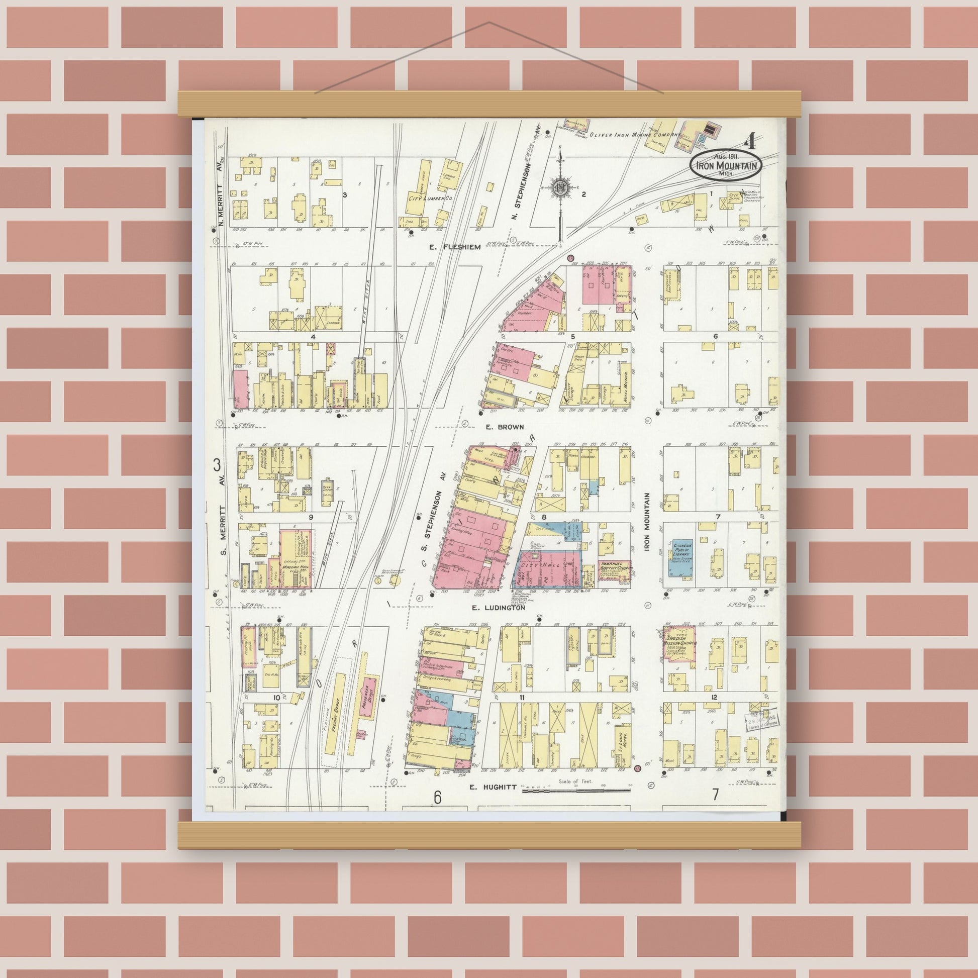 Old map wall art mockup — magnetic wood frame on brick wall — Sanborn Fire Insurance Map from Iron Mountain, Dickinson County, Michigan (1911), Sheet #0004