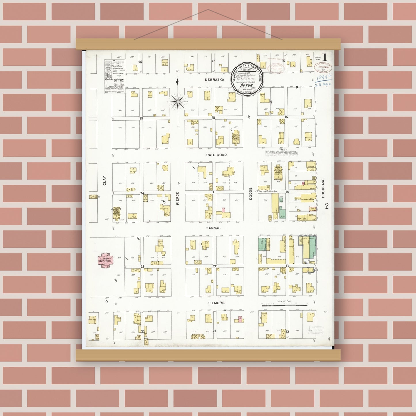 Old map wall art mockup — magnetic wood frame on brick wall — Sanborn Fire Insurance Map from Afton, Union County, Iowa (1899) â€” Complete Set