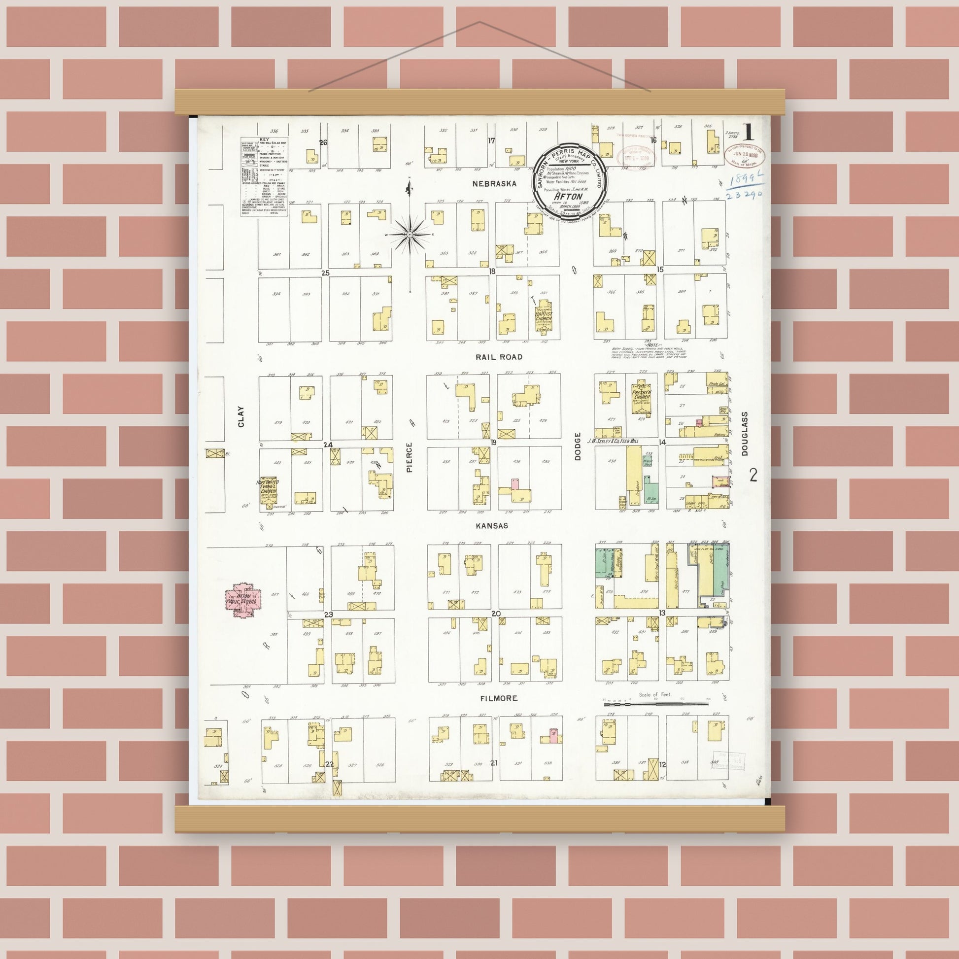 Old map wall art mockup — magnetic wood frame on brick wall — Sanborn Fire Insurance Map from Afton, Union County, Iowa (1899) â€” Complete Set