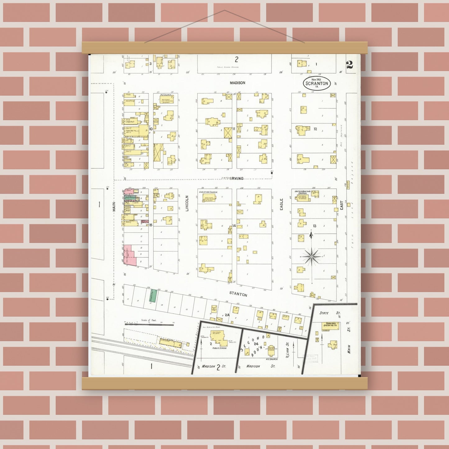 Old map wall art mockup — magnetic wood frame on brick wall — Sanborn Fire Insurance Map from Scranton, Greene County, Iowa (1901), Sheet #0002
