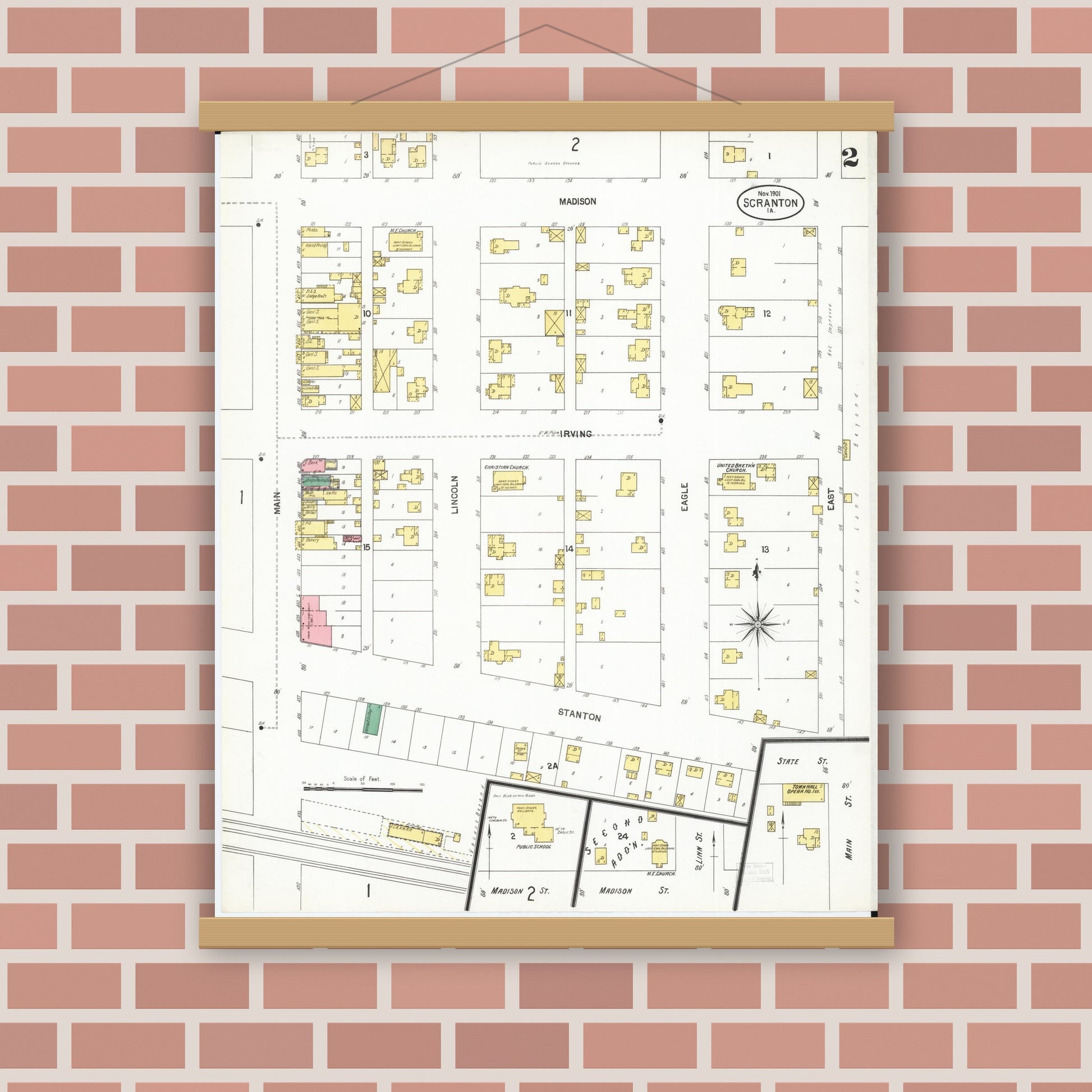 Old map wall art mockup — magnetic wood frame on brick wall — Sanborn Fire Insurance Map from Scranton, Greene County, Iowa (1901), Sheet #0002