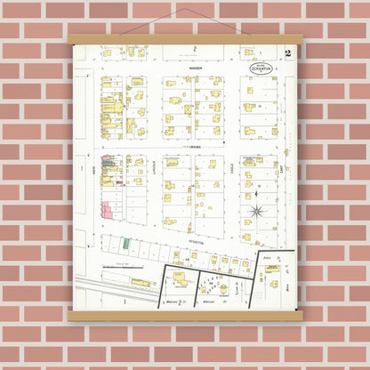 Old map wall art mockup — magnetic wood frame on brick wall — Sanborn Fire Insurance Map from Scranton, Greene County, Iowa (1901), Sheet #0002