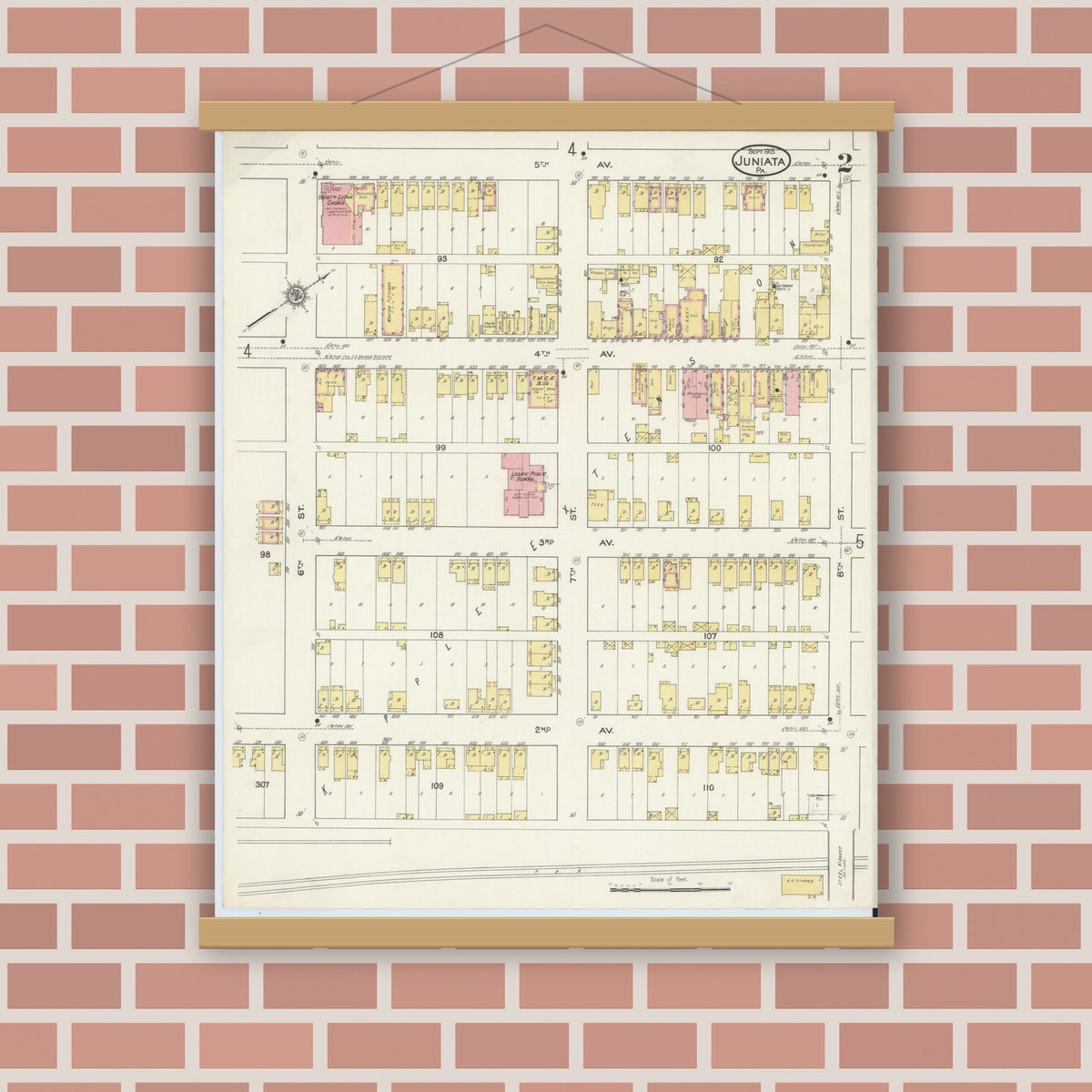 Old map wall art mockup — magnetic wood frame on brick wall — Sanborn Fire Insurance Map from Juniata, Blair County, Pennsylvania (1915), Sheet #0002