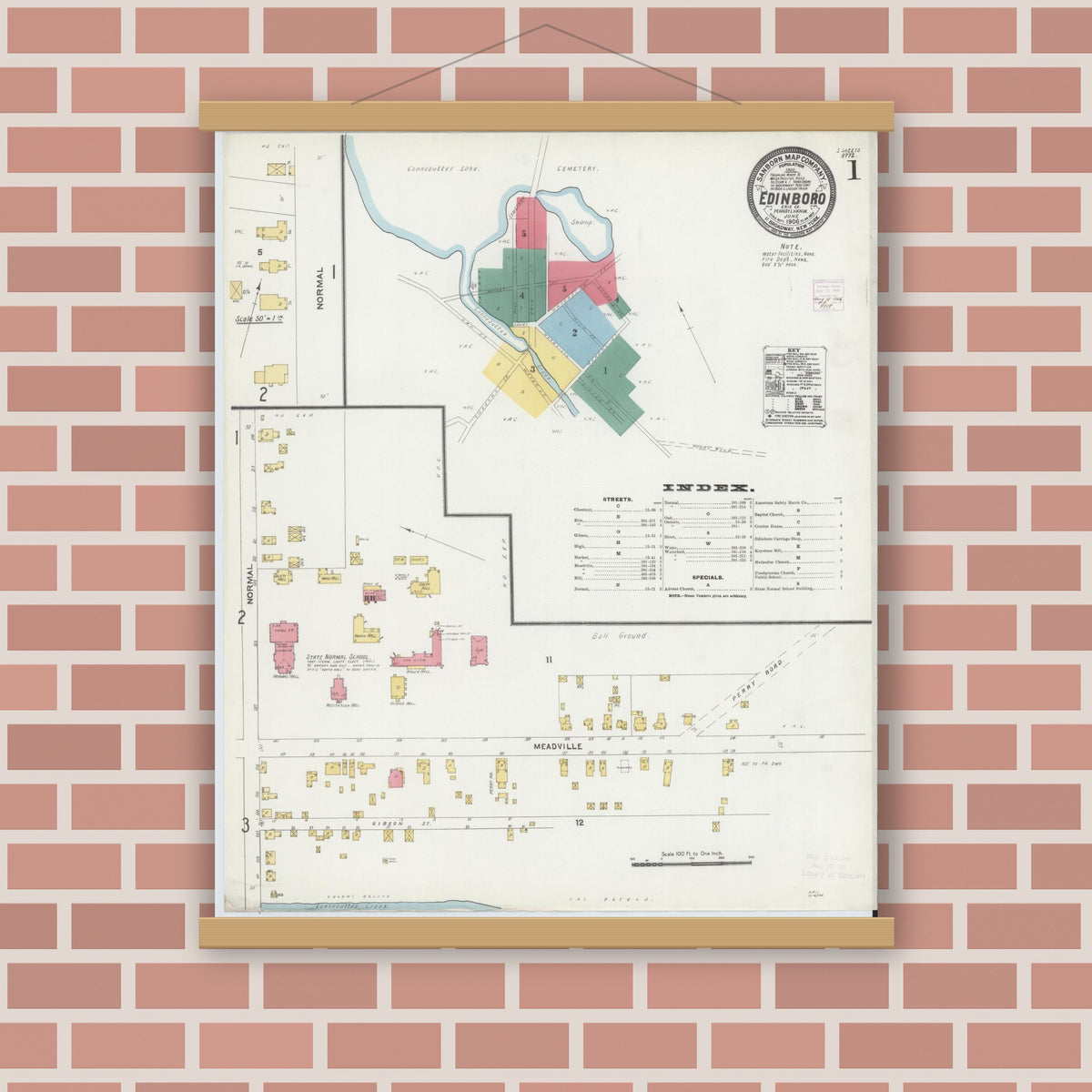 Old map wall art mockup — magnetic wood frame on brick wall — Sanborn Fire Insurance Map from Edinboro, Erie County, Pennsylvania (1906) - Complete Map Set