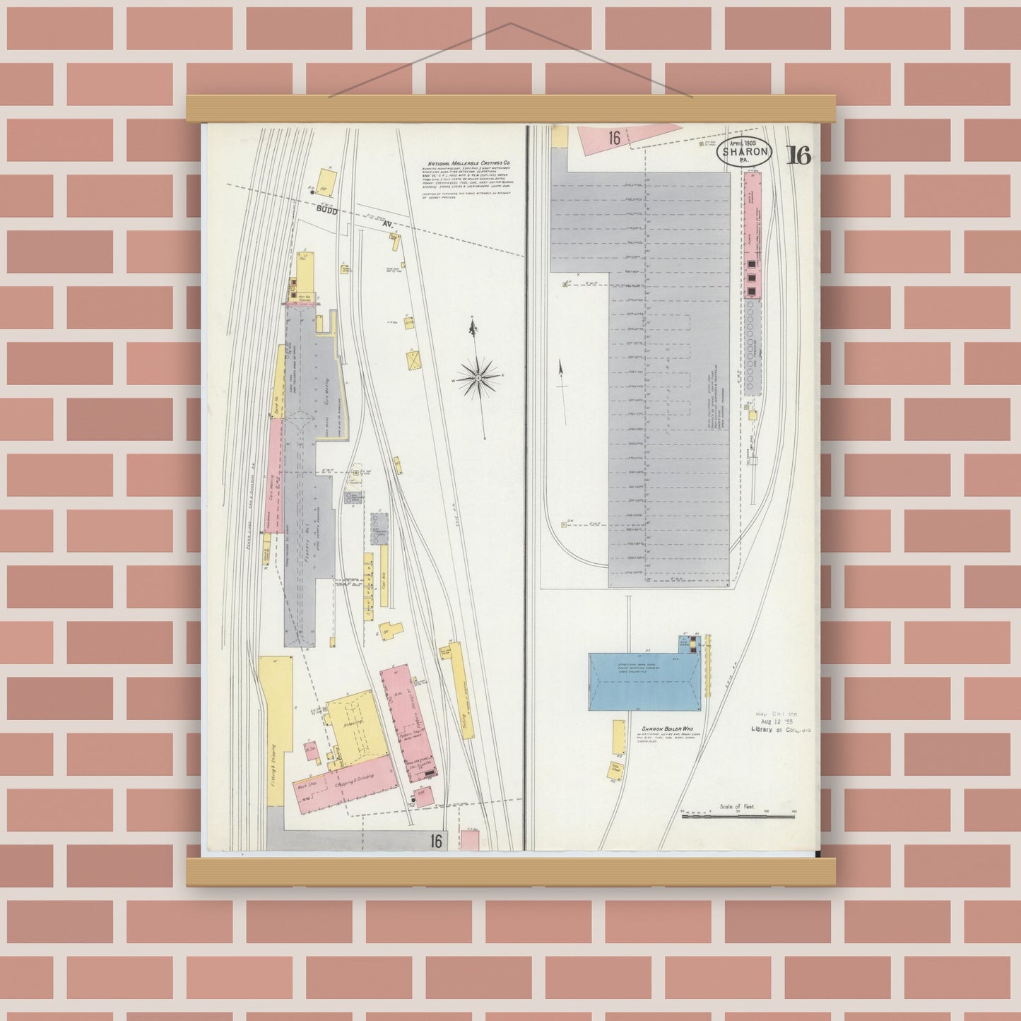 Old map wall art mockup — magnetic wood frame on brick wall — Sanborn Fire Insurance Map from Sharon, Mercer County, Pennsylvania (1903), Sheet #0016