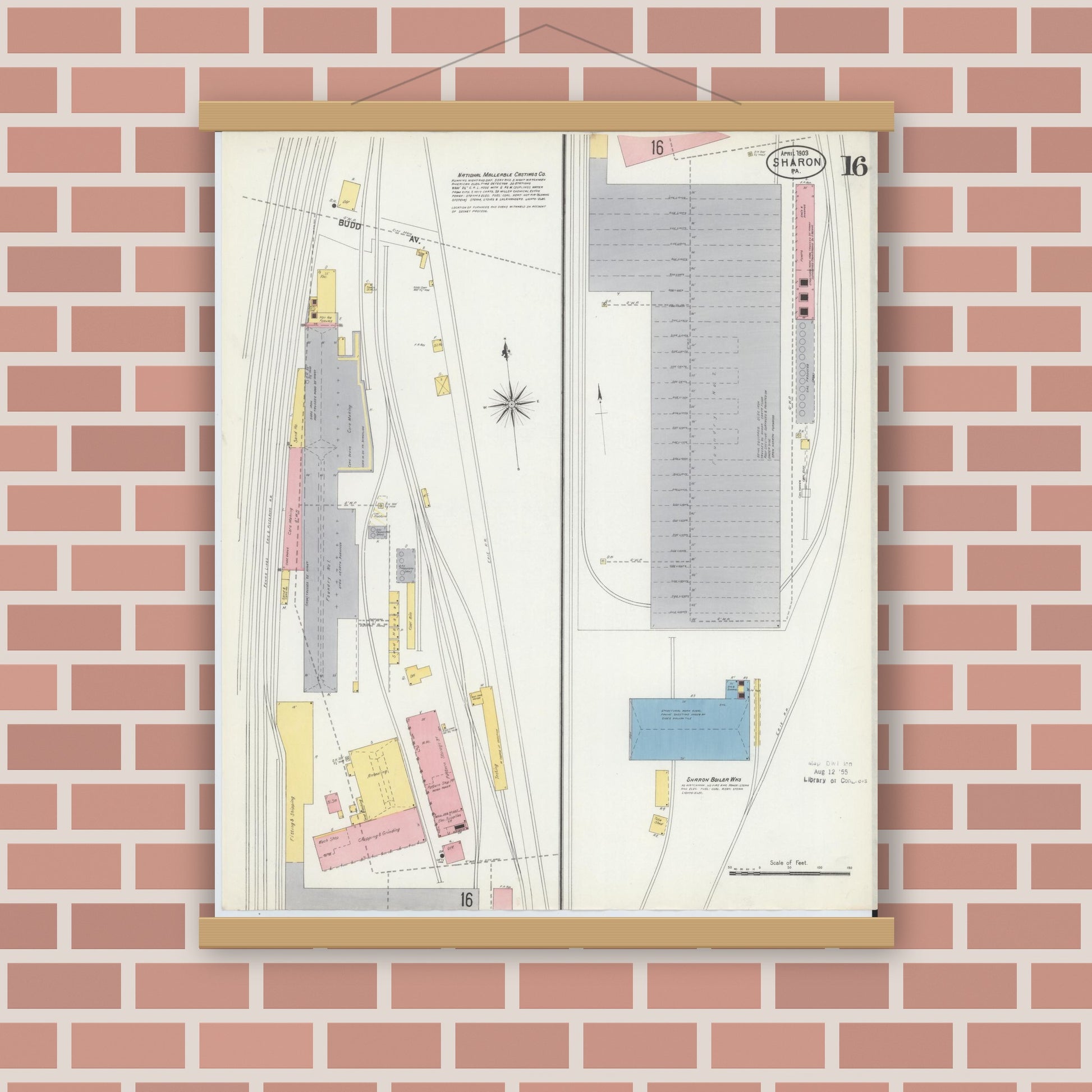 Old map wall art mockup — magnetic wood frame on brick wall — Sanborn Fire Insurance Map from Sharon, Mercer County, Pennsylvania (1903), Sheet #0016