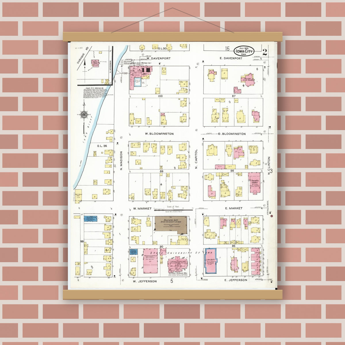 Old map wall art mockup — magnetic wood frame on brick wall — Sanborn Fire Insurance Map from Iowa City, Johnson County, Iowa (1920), Sheet #0002