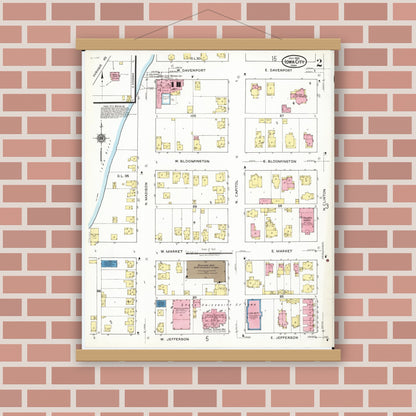 Old map wall art mockup — magnetic wood frame on brick wall — Sanborn Fire Insurance Map from Iowa City, Johnson County, Iowa (1920), Sheet #0002
