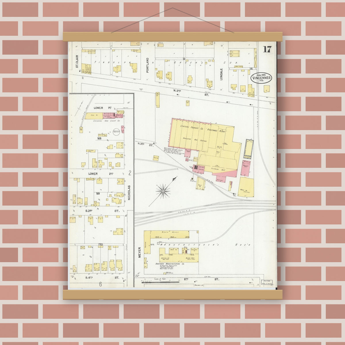 Old map wall art mockup — magnetic wood frame on brick wall — Sanborn Fire Insurance Map from Vincennes, Knox County, Indiana (1902), Sheet #0017
