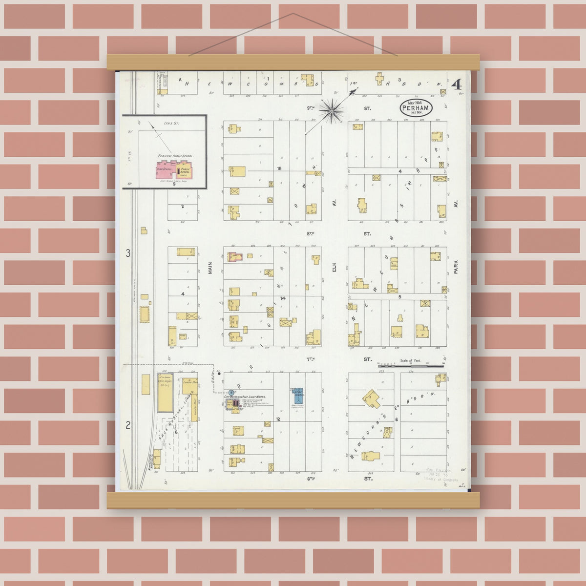 Old map wall art mockup — magnetic wood frame on brick wall — Sanborn Fire Insurance Map from Perham, Otter Tail County, Minnesota (1904), Sheet #0004