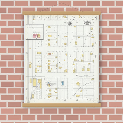 Old map wall art mockup — magnetic wood frame on brick wall — Sanborn Fire Insurance Map from Perham, Otter Tail County, Minnesota (1904), Sheet #0004