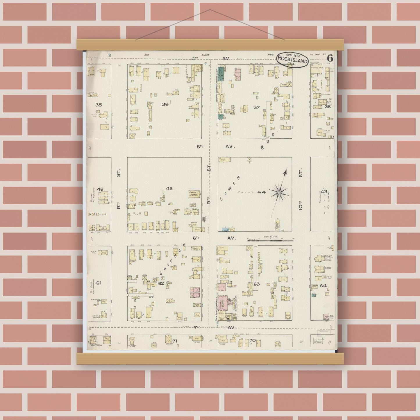 Old map wall art mockup — magnetic wood frame on brick wall — Sanborn Fire Insurance Map from Rock Island, Rock Island County, Illinois (1886), Sheet #0006