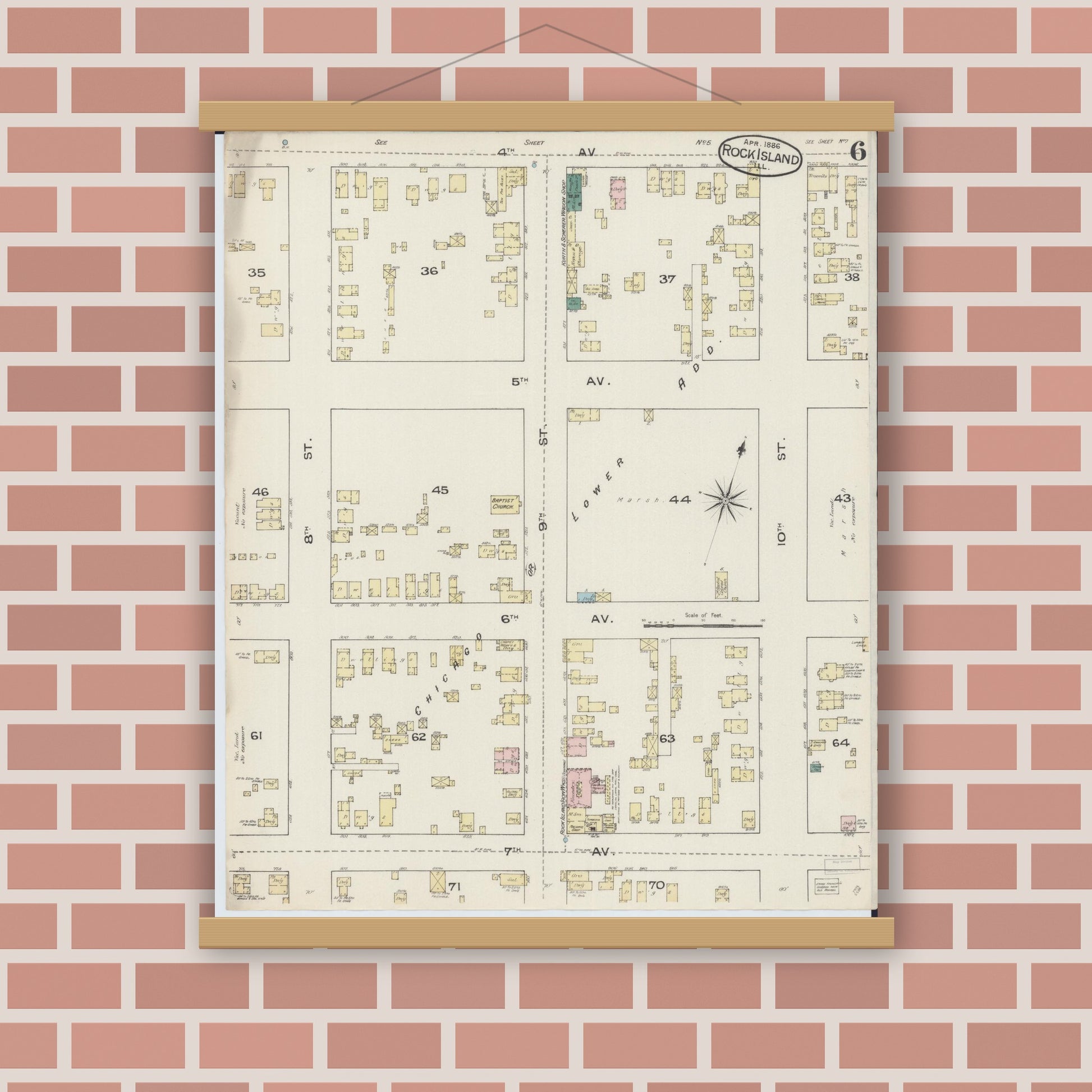 Old map wall art mockup — magnetic wood frame on brick wall — Sanborn Fire Insurance Map from Rock Island, Rock Island County, Illinois (1886), Sheet #0006