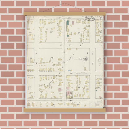 Old map wall art mockup — magnetic wood frame on brick wall — Sanborn Fire Insurance Map from Rock Island, Rock Island County, Illinois (1886), Sheet #0006
