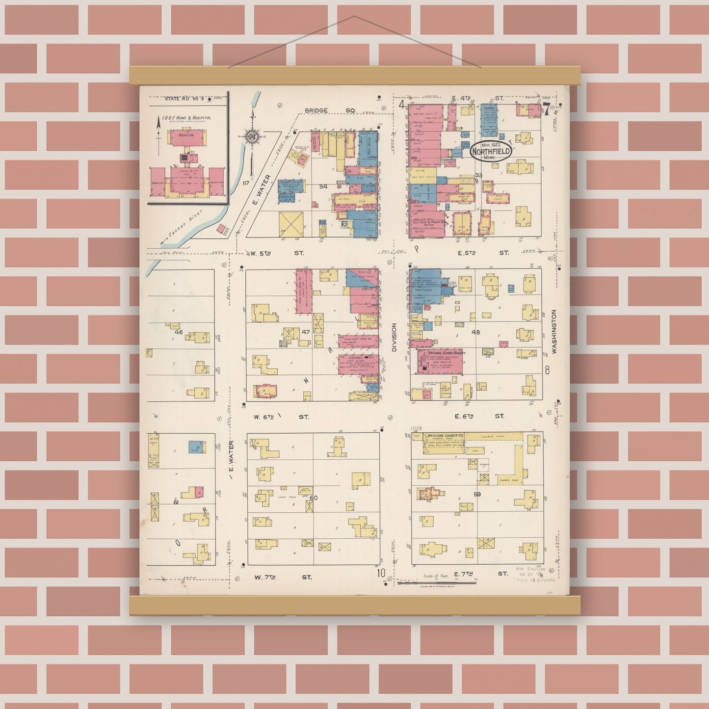 Old map wall art mockup — magnetic wood frame on brick wall — Sanborn Fire Insurance Map from Northfield, Rice County, Minnesota (1922), Sheet #0007