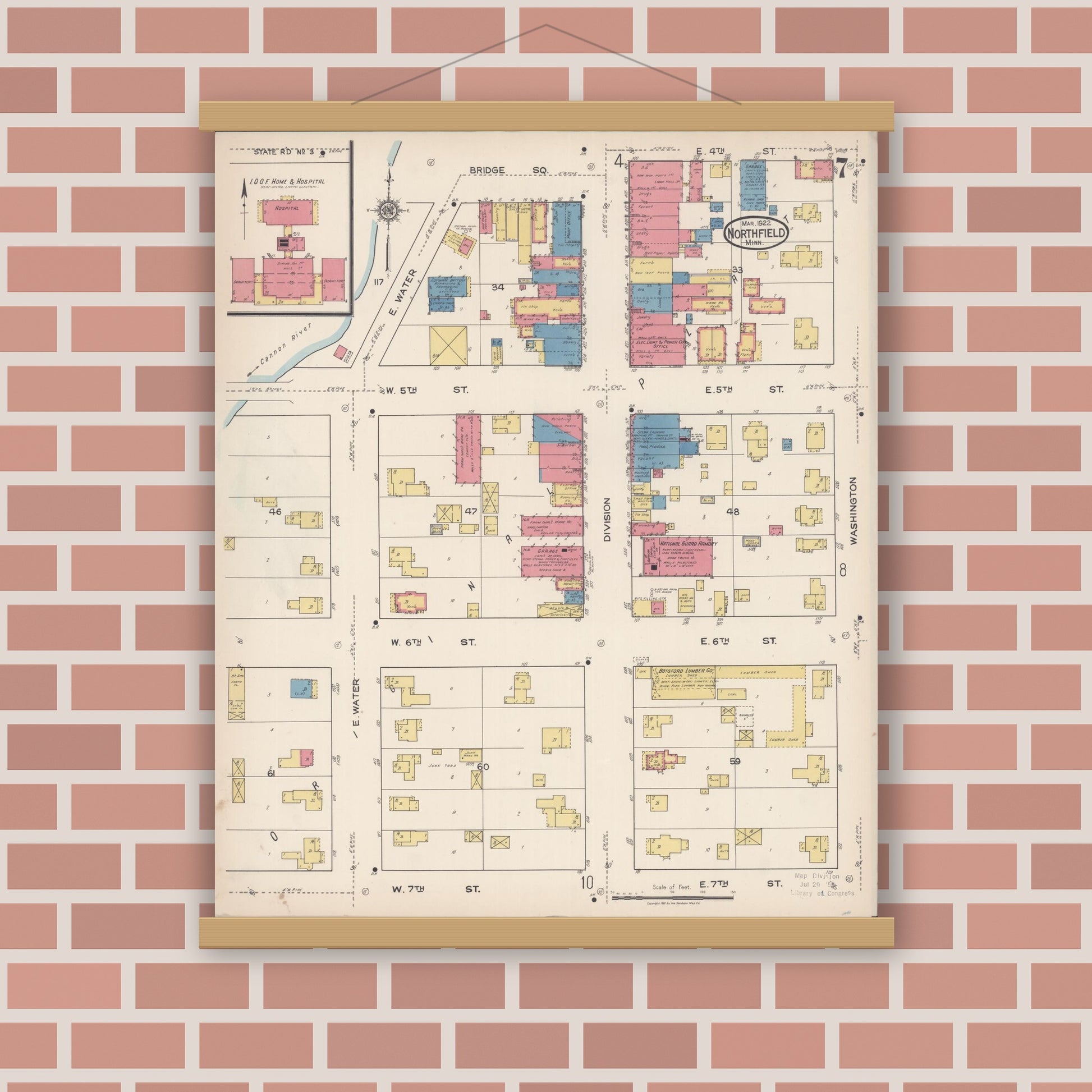 Old map wall art mockup — magnetic wood frame on brick wall — Sanborn Fire Insurance Map from Northfield, Rice County, Minnesota (1922), Sheet #0007