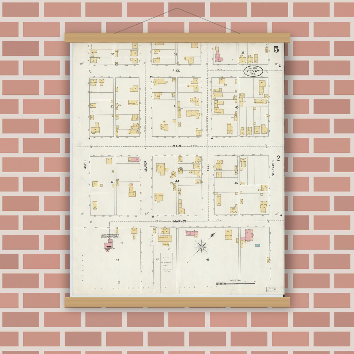 Old map wall art mockup — magnetic wood frame on brick wall — Sanborn Fire Insurance Map from Vevay, Switzerland County, Indiana (1899), Sheet #0005