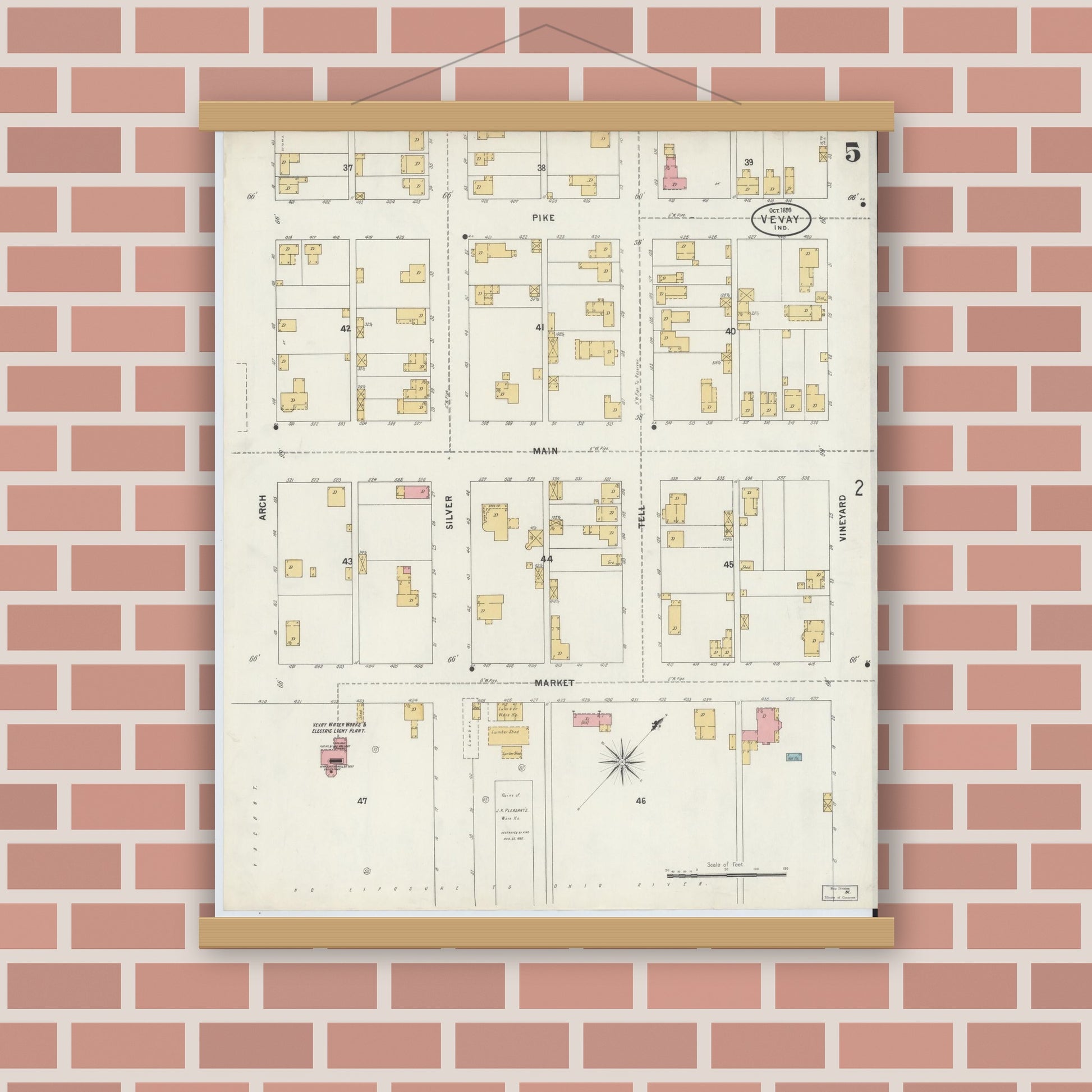 Old map wall art mockup — magnetic wood frame on brick wall — Sanborn Fire Insurance Map from Vevay, Switzerland County, Indiana (1899), Sheet #0005